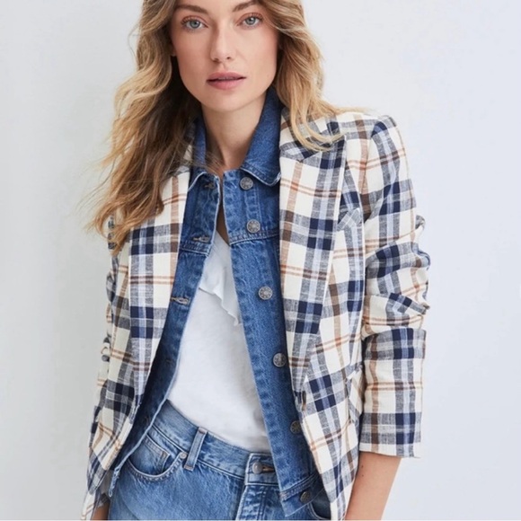 Veronica Beard Hosanna Plaid Dickey Jacket Blazer Size 14 Cropped Cream Blue